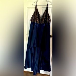 High low dress. Never worn. Dark blue and gold. Spaghetti straps.